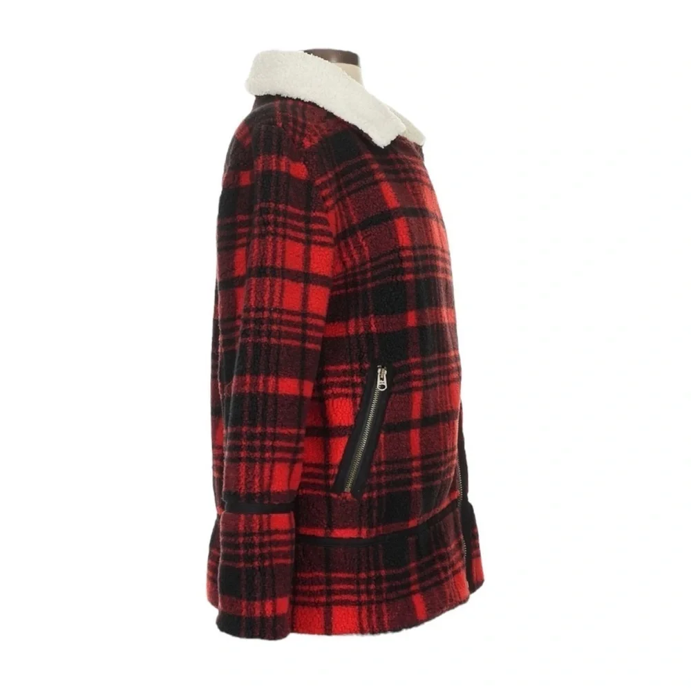Faherty Montana Moto Coat Red Black Holly Plaid Sherpa Collar Jacket XS NWT $278
